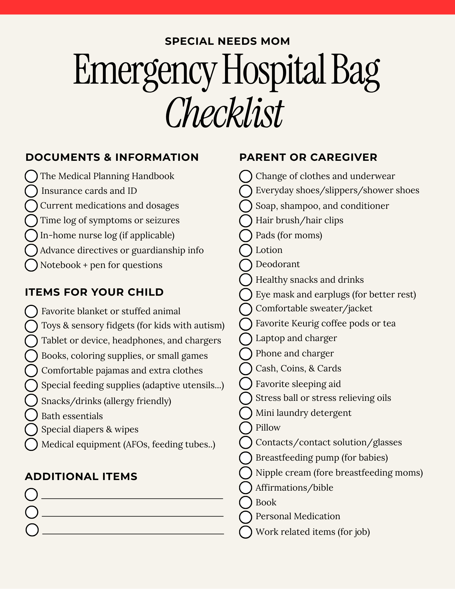 Free Emergency Hospital Bag Checklist for Special Needs Parents